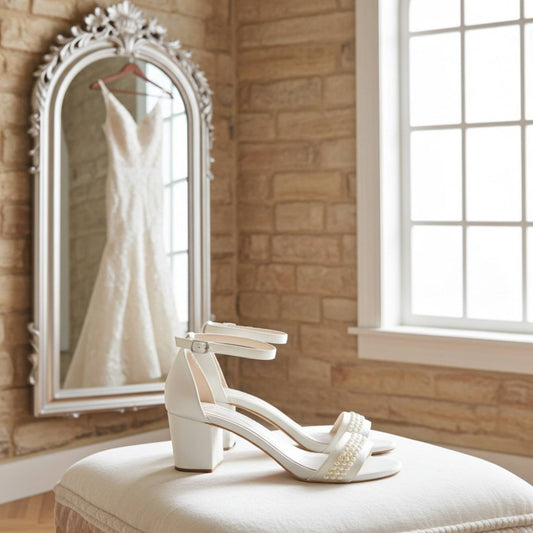 Ivory pearl block heel wedding shoes on a stool with a mirror reflecting a wedding dress in a room with wooden walls.