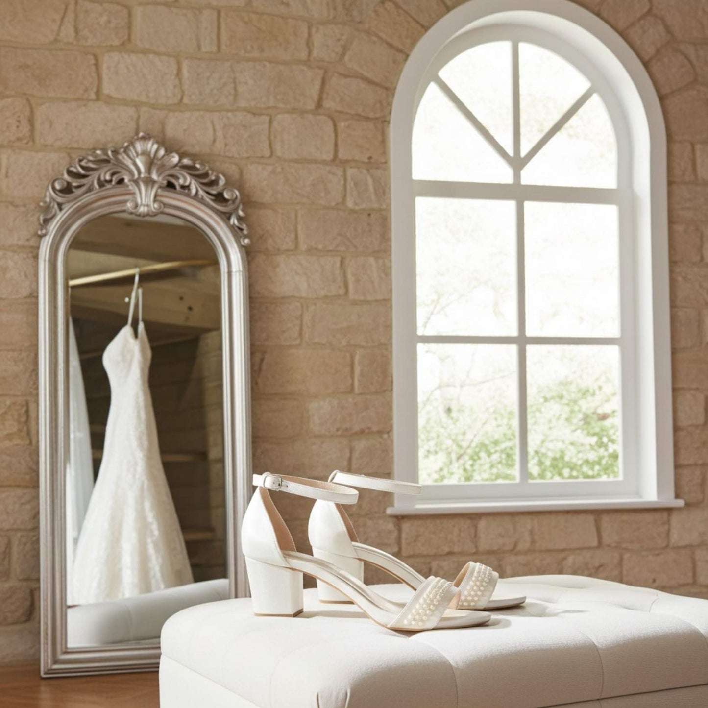 White wedding dress hanging in a mirror with ivory pearl bridal sandals on a bed in a room with a window and stone wall.