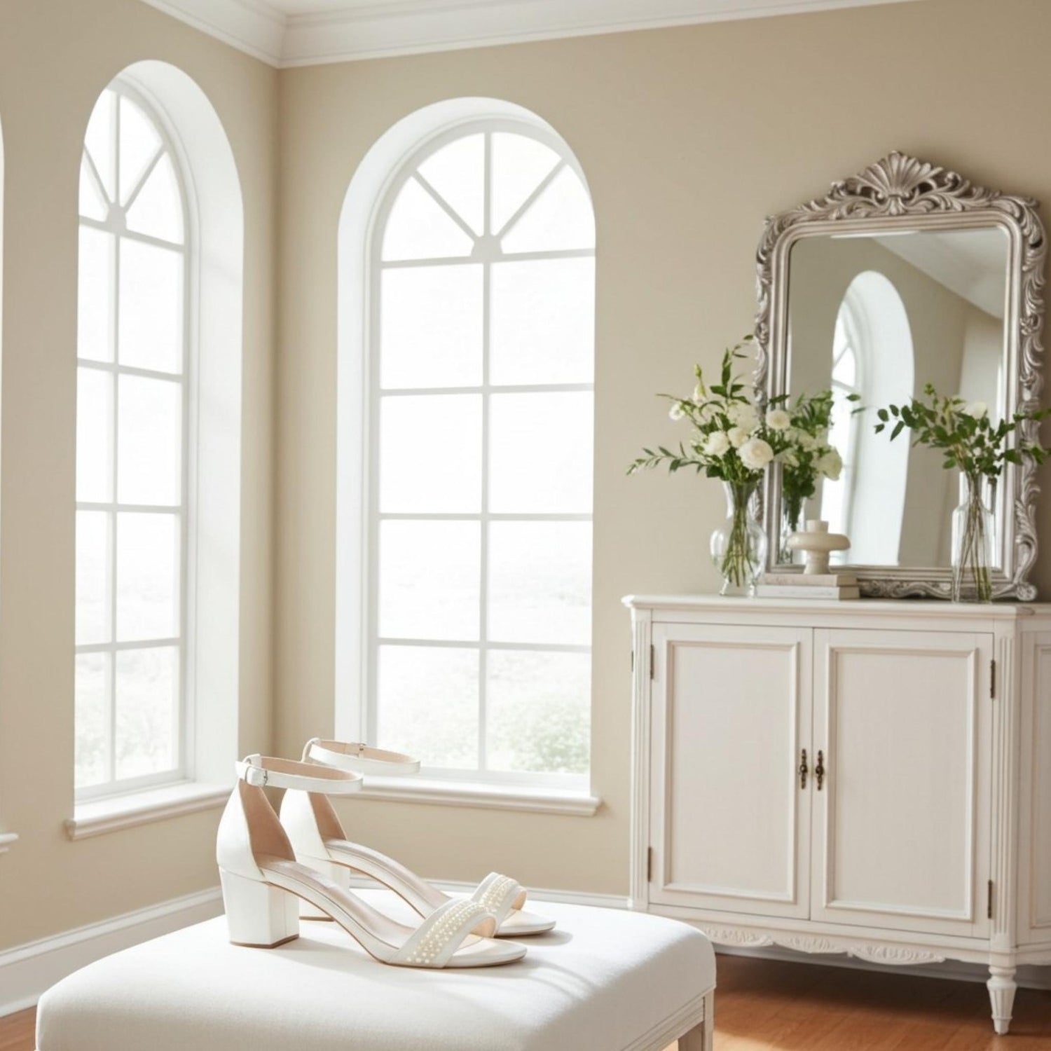 Neatly arranged room with a large mirror, cabinet, and bridal shoes on an ottoman.