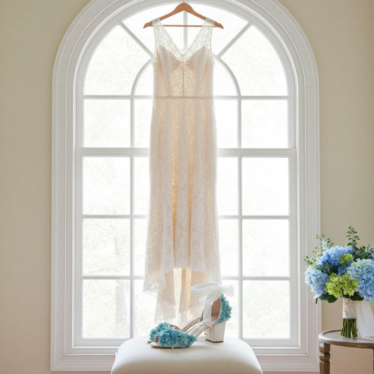 Pair of block heel bridal shoes with flowers on a cream stool and lace bridal gown hanging behind.