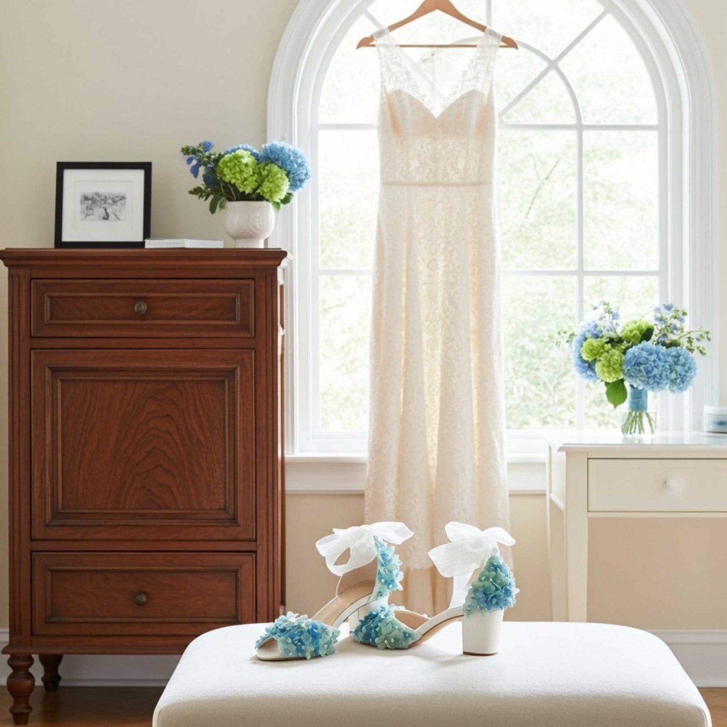 Side view of floral block heels with organza straps, hydrangea bouquets and gown hung in the window.
