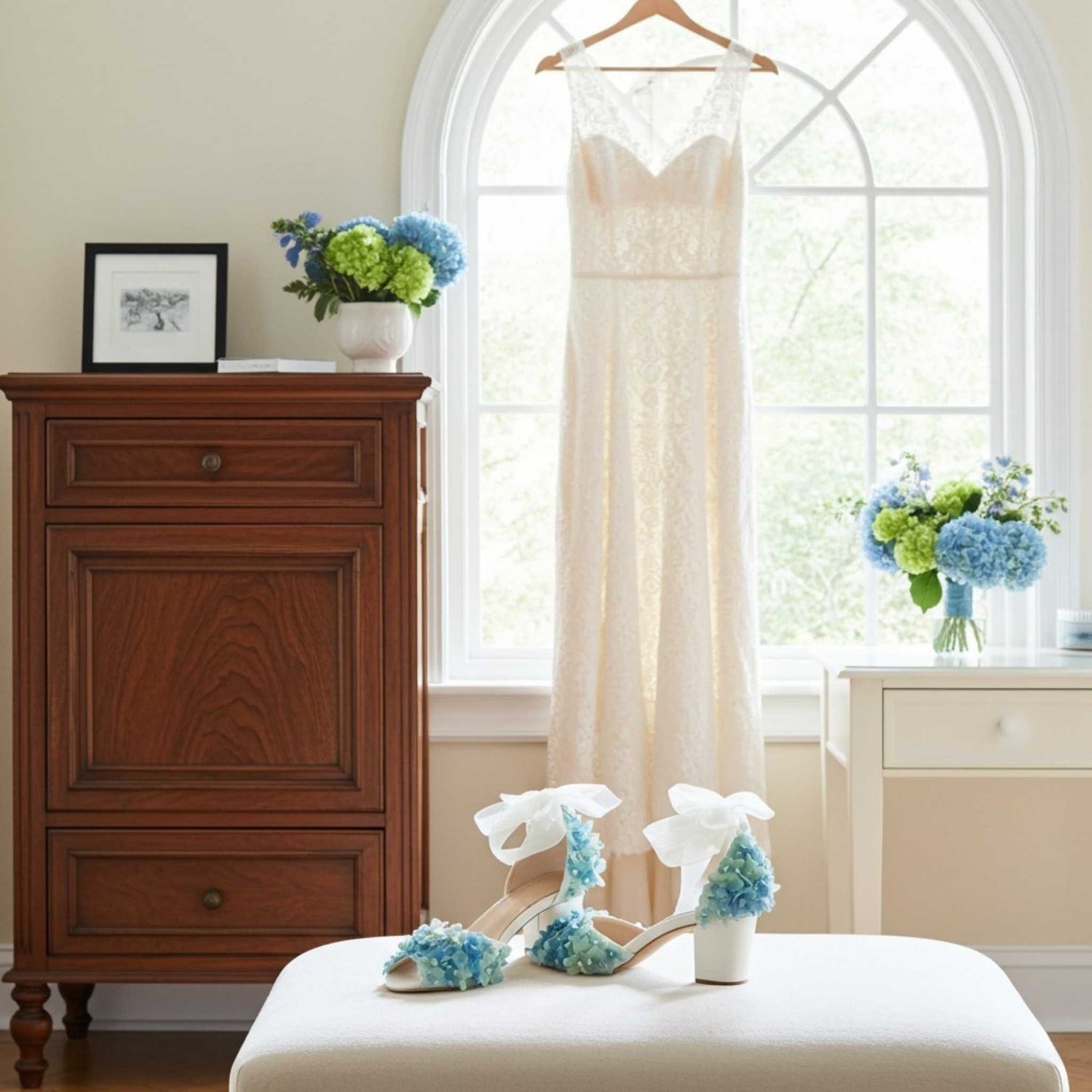 Side view of floral block heels with organza straps, hydrangea bouquets and gown hung in the window.