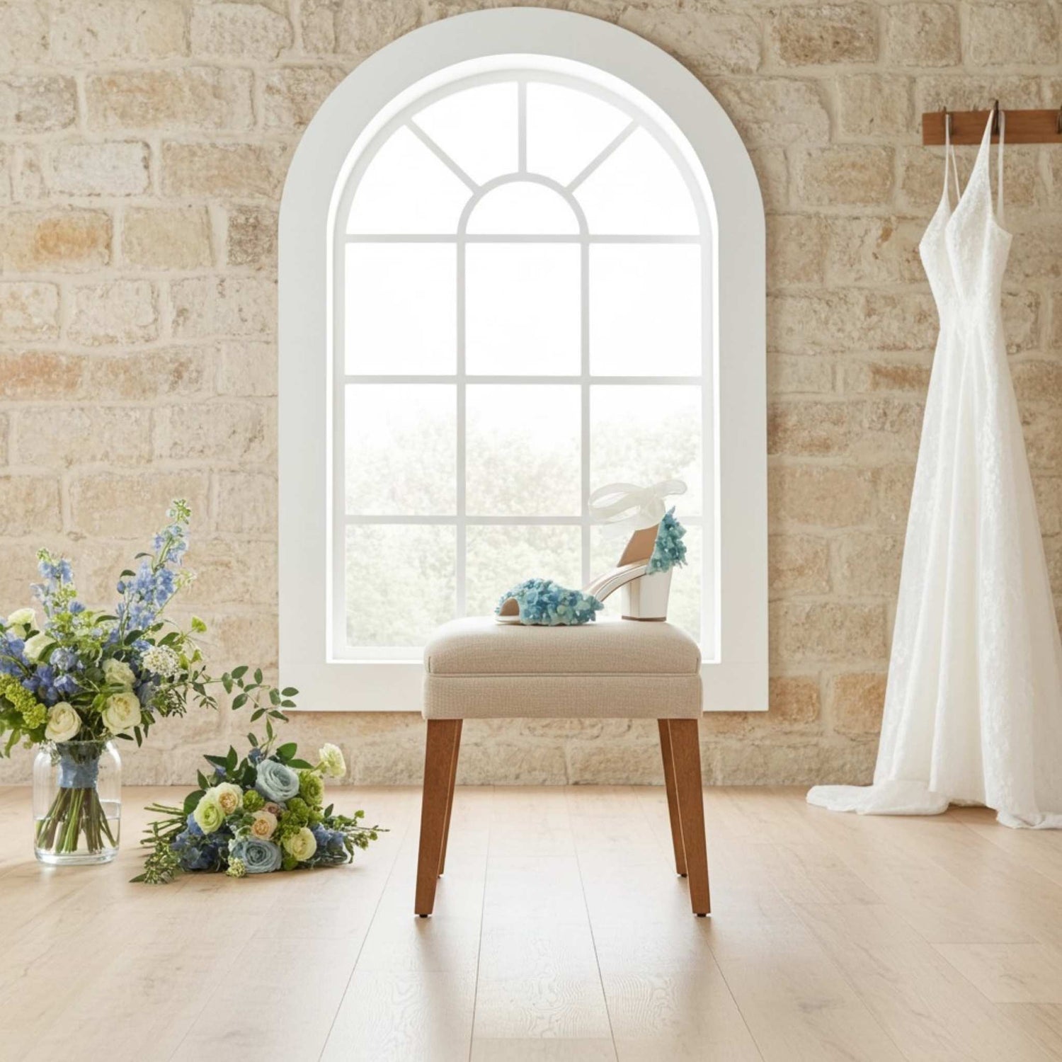 Bridal shoes on a stool with flowers and a wedding dress hanging in a room with a stone wall and arched window.