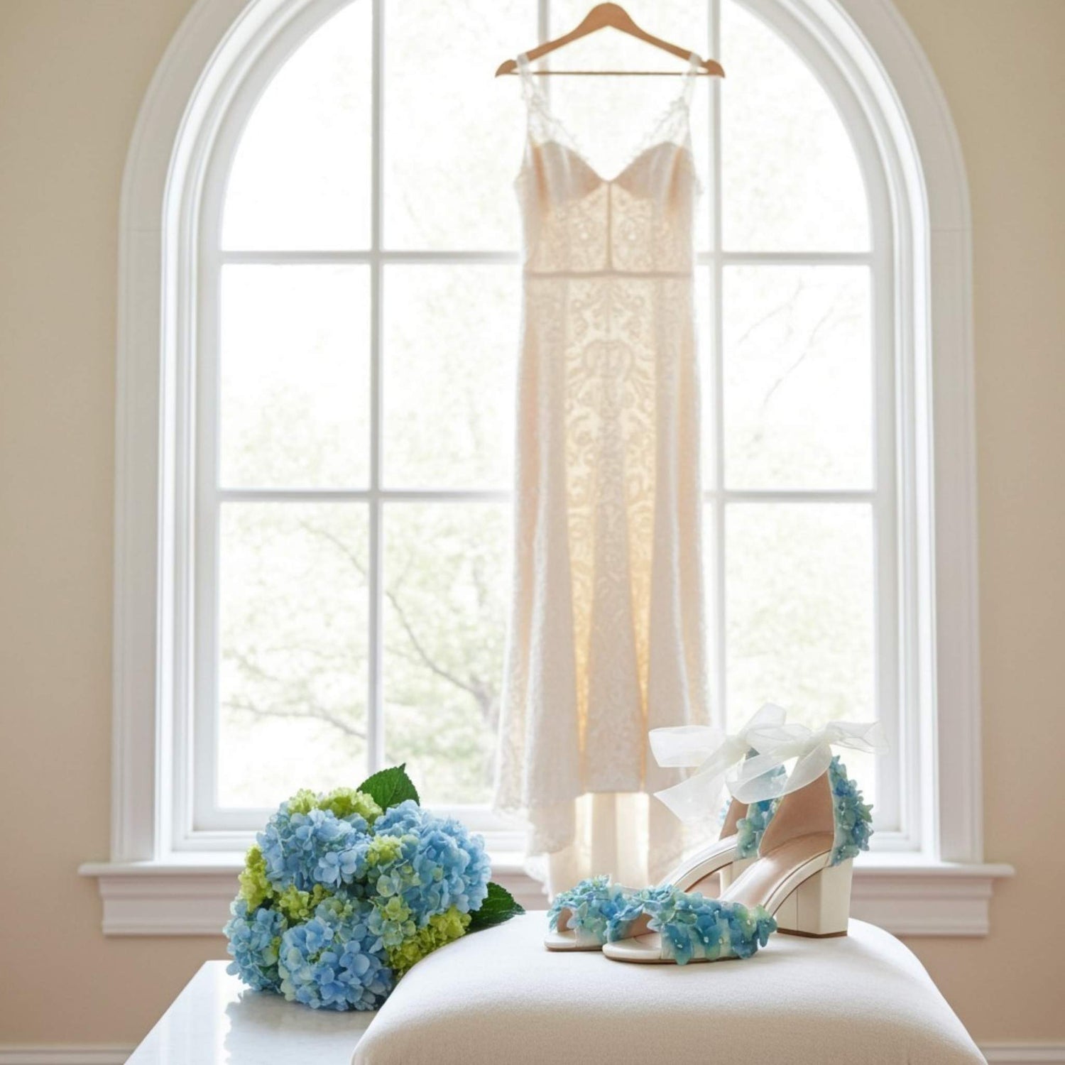 Ivory lace wedding dress on a hanger with floral sandals and bouquet in front of a window.