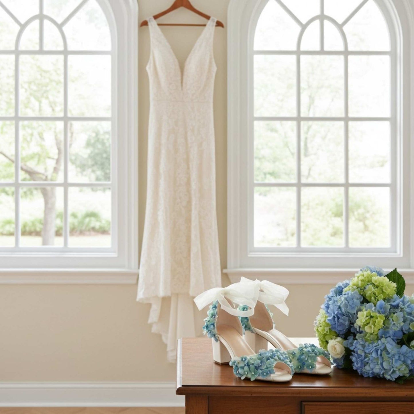 White wedding dress, shoes with floral details, and a bouquet on a wooden table in a room with large windows.