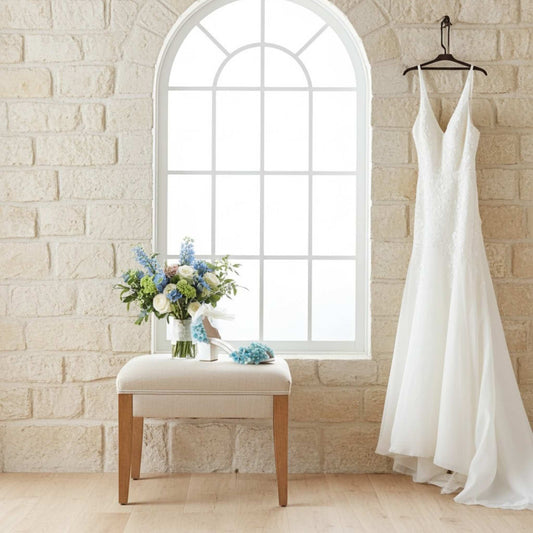 Blue floral bridal shoe on a beige stool with bridal gown hung by the side and bridal bouquet.