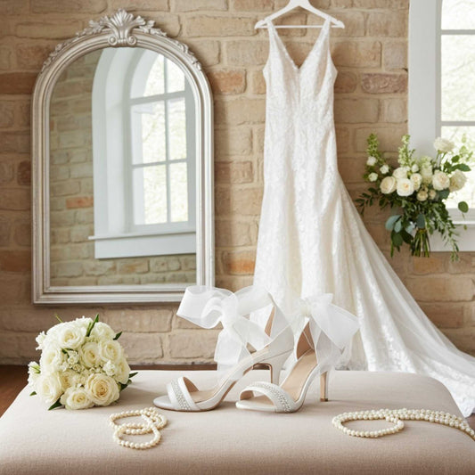 White wedding dress, crystal shoes, and bouquet on a table with a mirror and flowers in the background.