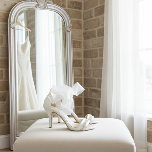 Ivory high-heeled shoes with a large bow on a white stool in front of a mirror reflecting a wedding dress.