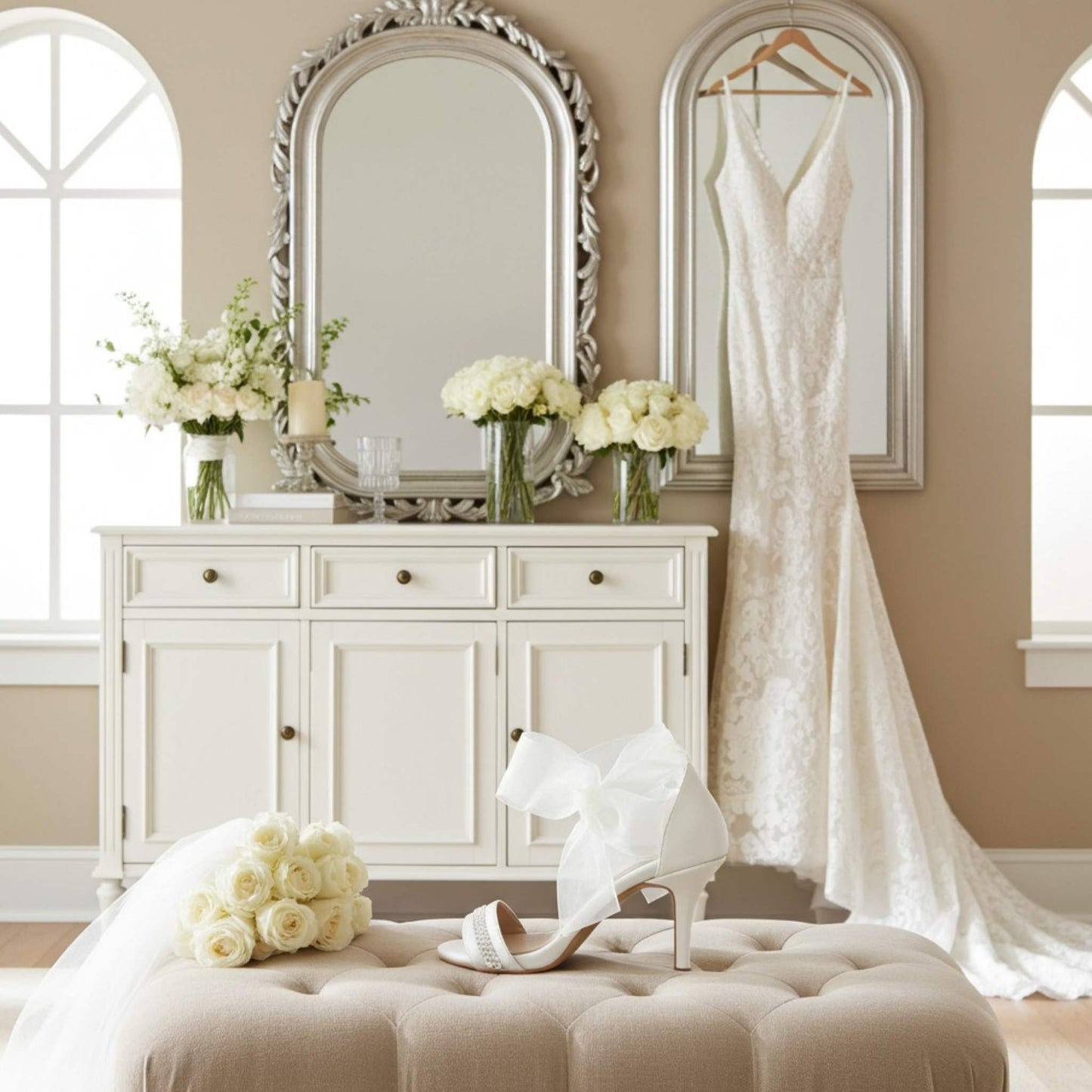 Single ivory open-toe bridal shoe, wedding dress hanging on a rack in a room with a dresser, mirror, and flowers.