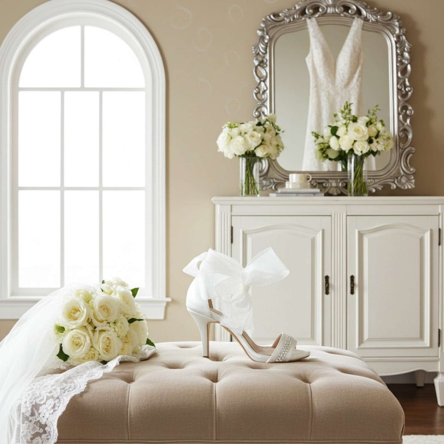 Decorative setting with a silver mirror, white flowers, high bridal heels, and a beige ottoman in a room with a window.