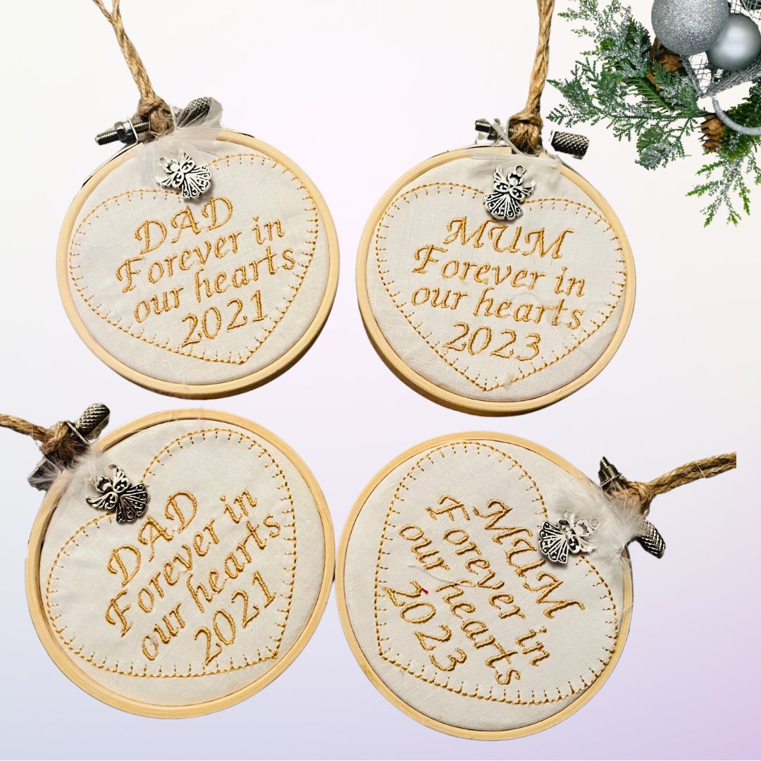 Image showing 4 memorial Christmas baubles dedicated to mum and Dad