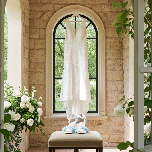 White wedding dress hanging in a room with stone walls and floral bridal shoes and decorations.