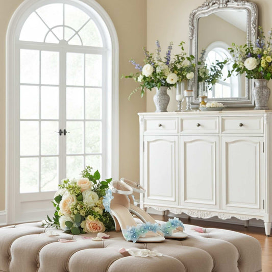 Ivory kitten heel shoes with floral decorations on a beige ottoman in a room with a large mirror and floral arrangements.