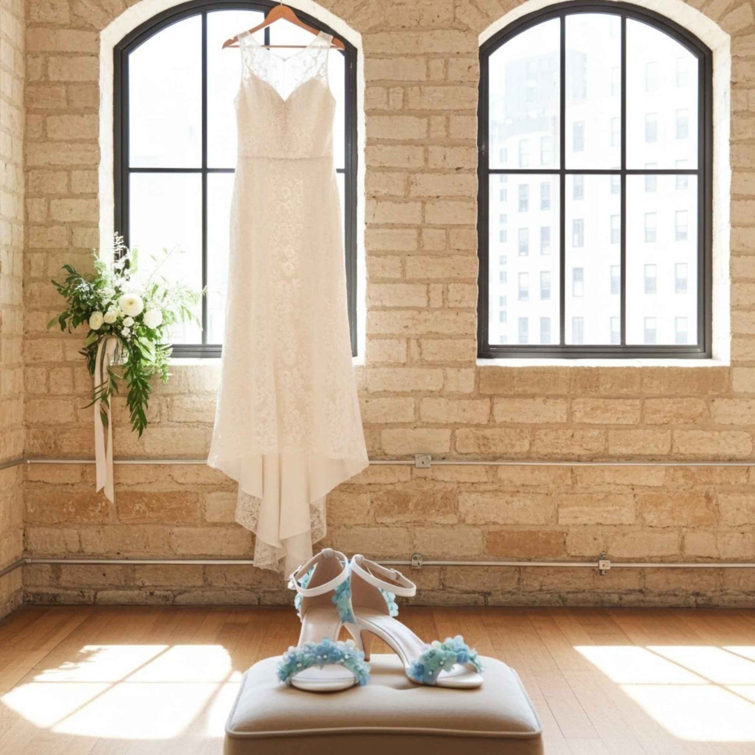 Bridal gown hanging on a hook with floral bridal shoes and decorations in a room with brick walls and large windows.
