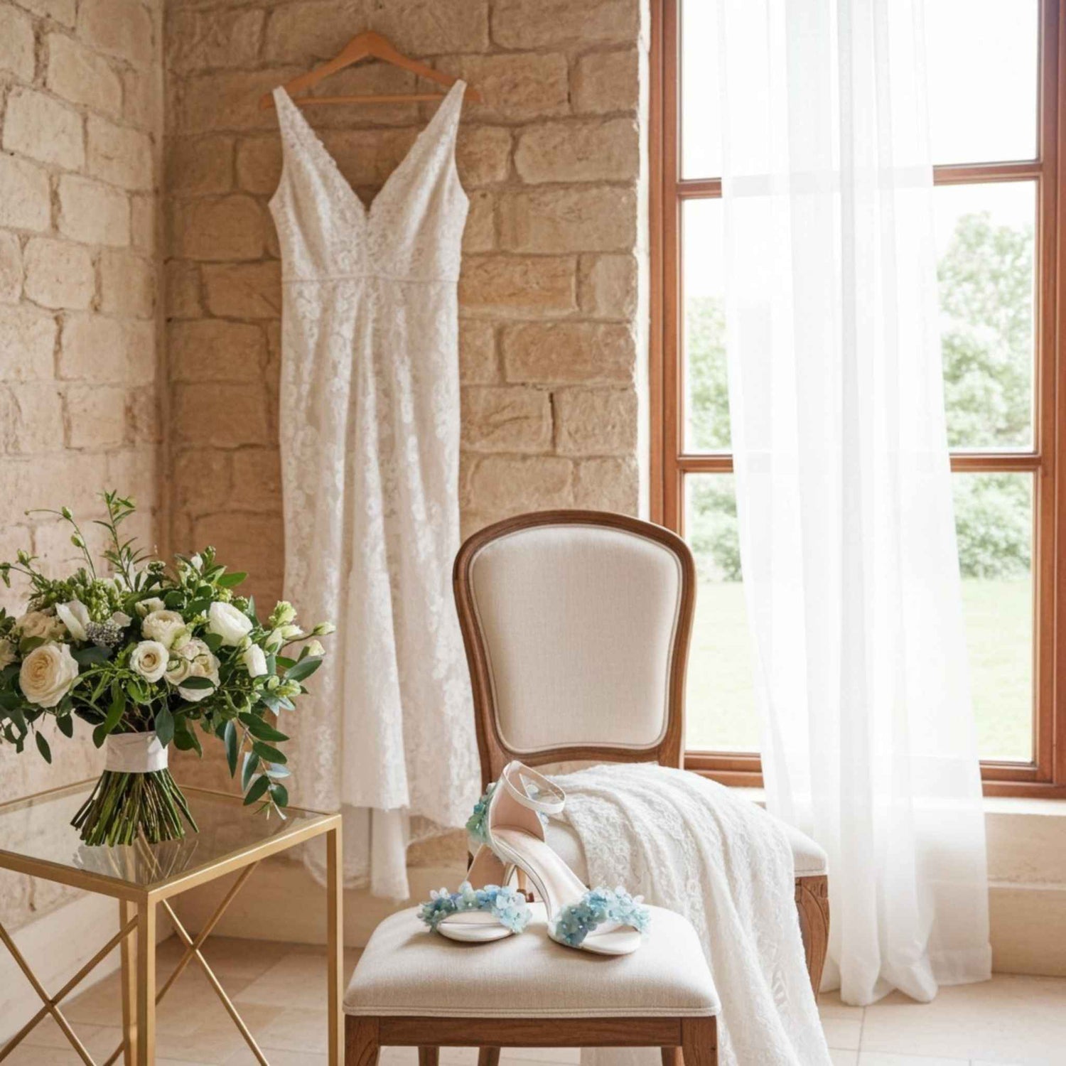 White wedding dress hanging on a stone wall with a chair and flowers in the foreground.