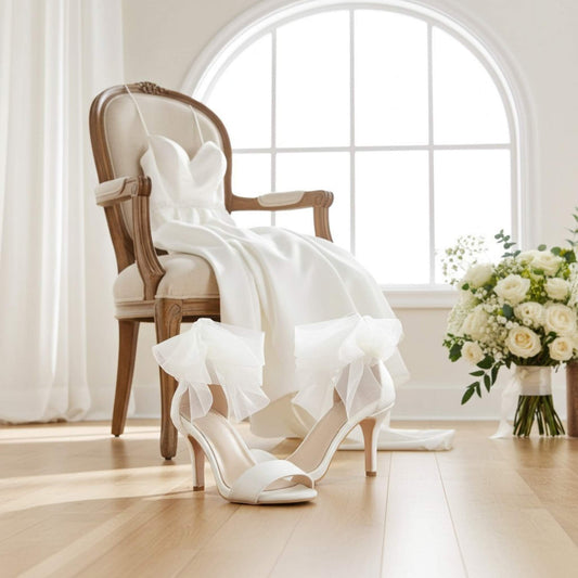 Close up of open toe bridal shoes with bridal gown on an ornate chair and large bouquet of flowers.