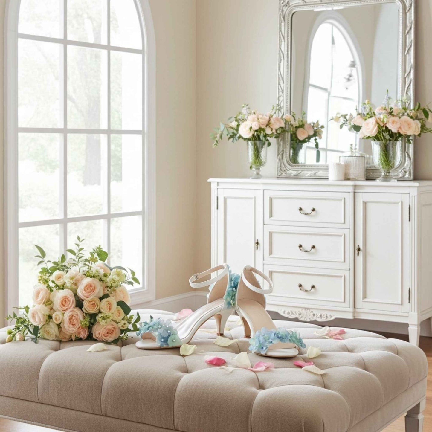 Ivory mid heels with blue floral designs on a beige ottoman with flowers and a dresser in the background.