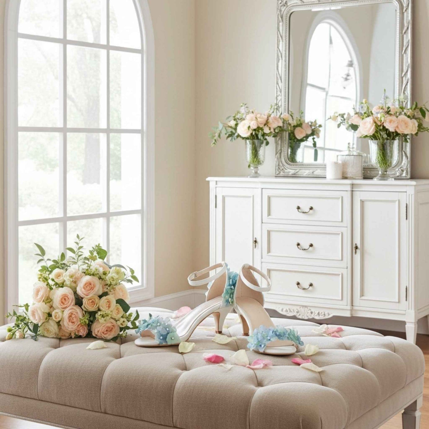 Ivory mid heels with blue floral designs on a beige ottoman with flowers and a dresser in the background.