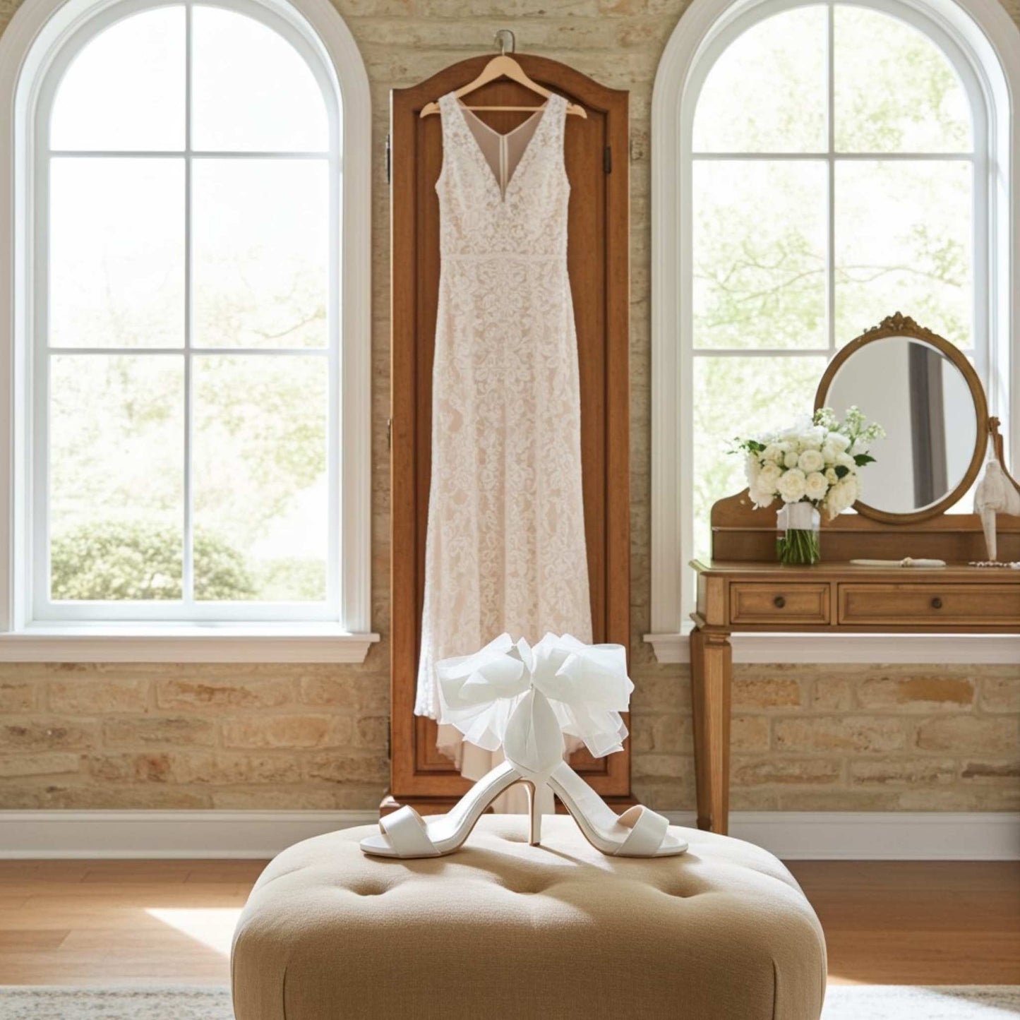 open toe high heels with bows on a beige stool with lace dress hung in the background.