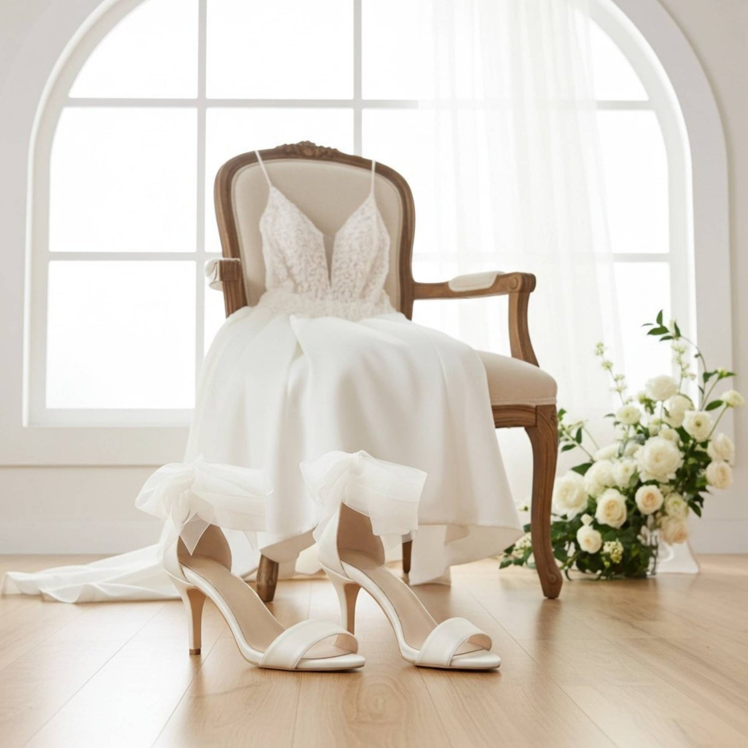 Close up of open toe wedding shoes with bridal gown on a chair and bouquet in the background.