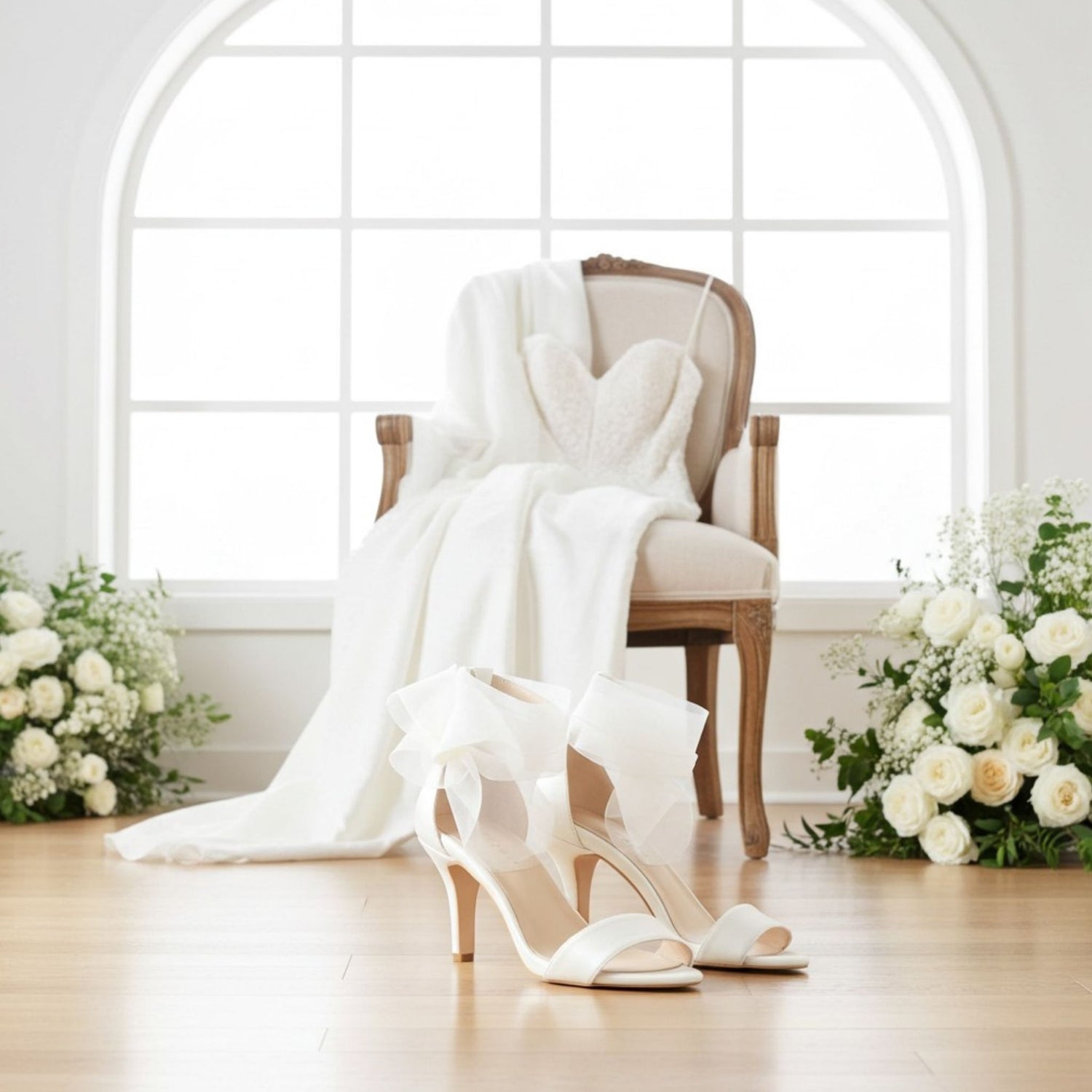 White bridal gown with a wooden chair and floral arrangements in a bright room. Pair of open toe bridal shoes is on the floor in front.