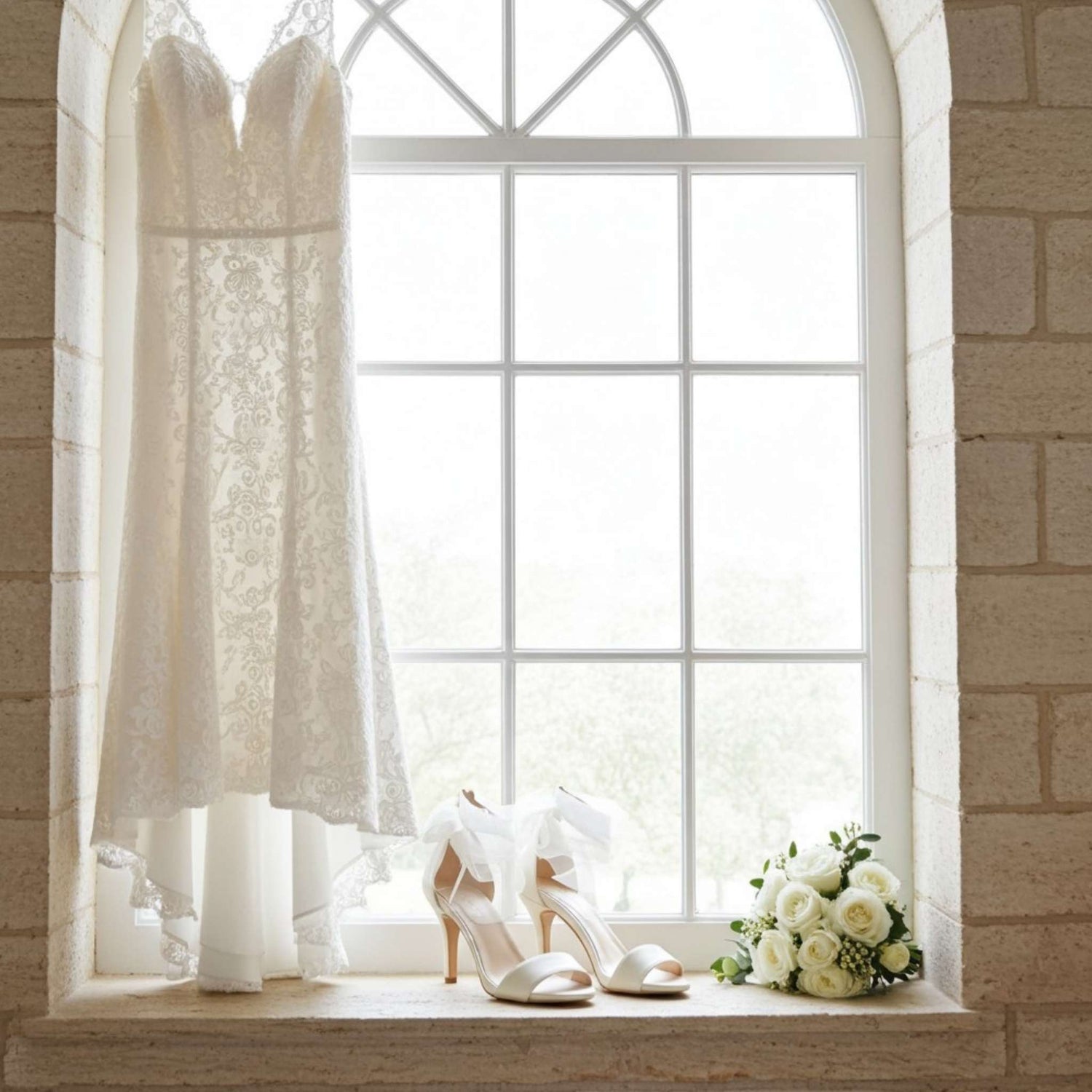 Open toe high heel bridal shoes on a window ledge with bridal gown and bouquet of flowers.
