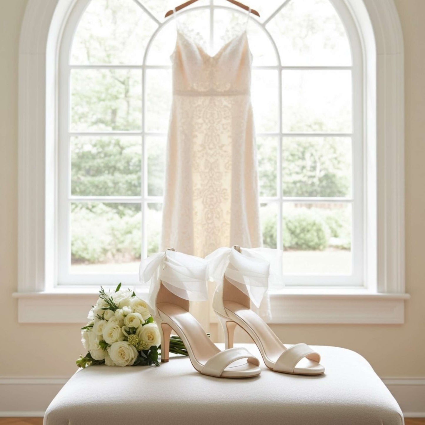 Bridal shoes with open toe and bow straps and a gown in the window.
