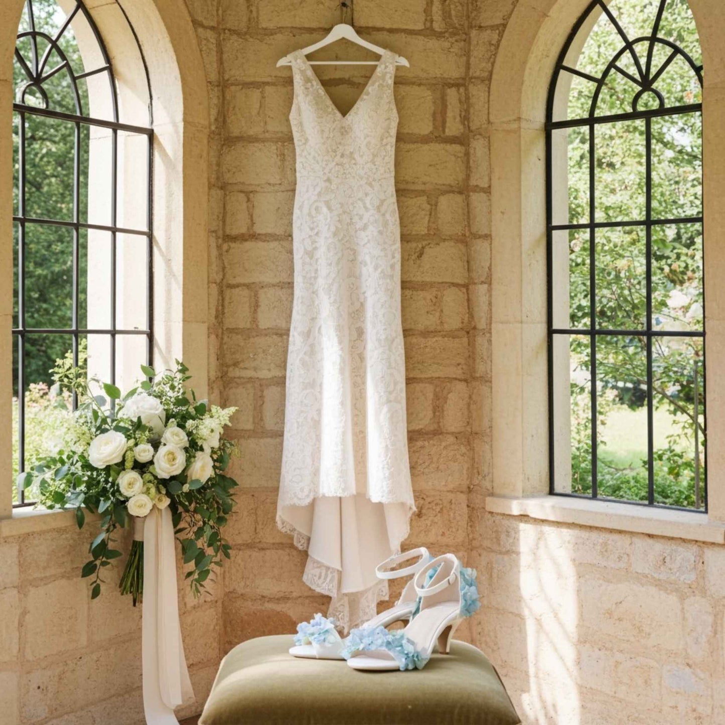 White wedding dress hanging on a brick wall with a bouquet and shoes below.