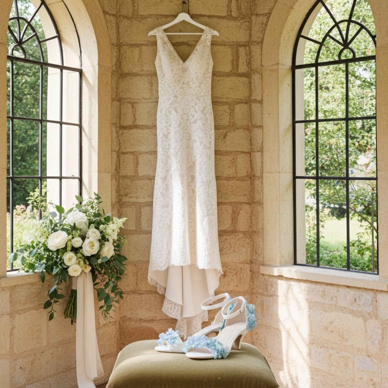 White wedding dress hanging on a brick wall with a bouquet and shoes below.