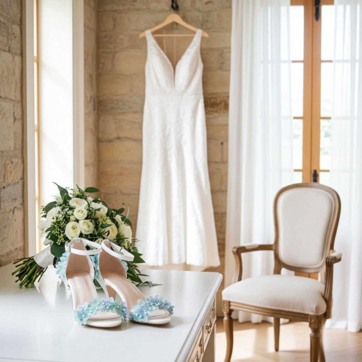 White wedding dress hanging on a wooden wall with a table, wedding shoes, and flowers in the foreground.