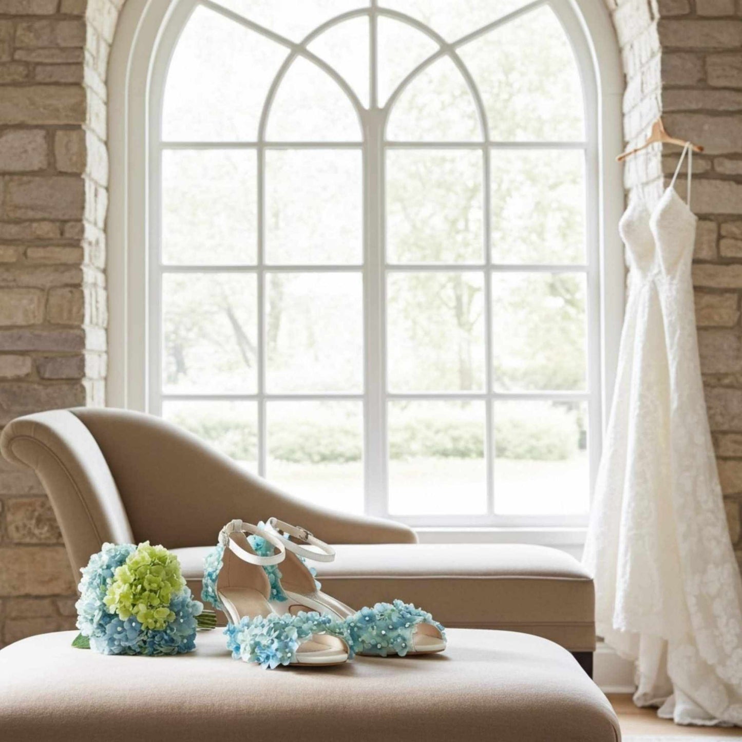 Bridal shoes with floral decorations on a ottoman in a room with a window and wedding dress.