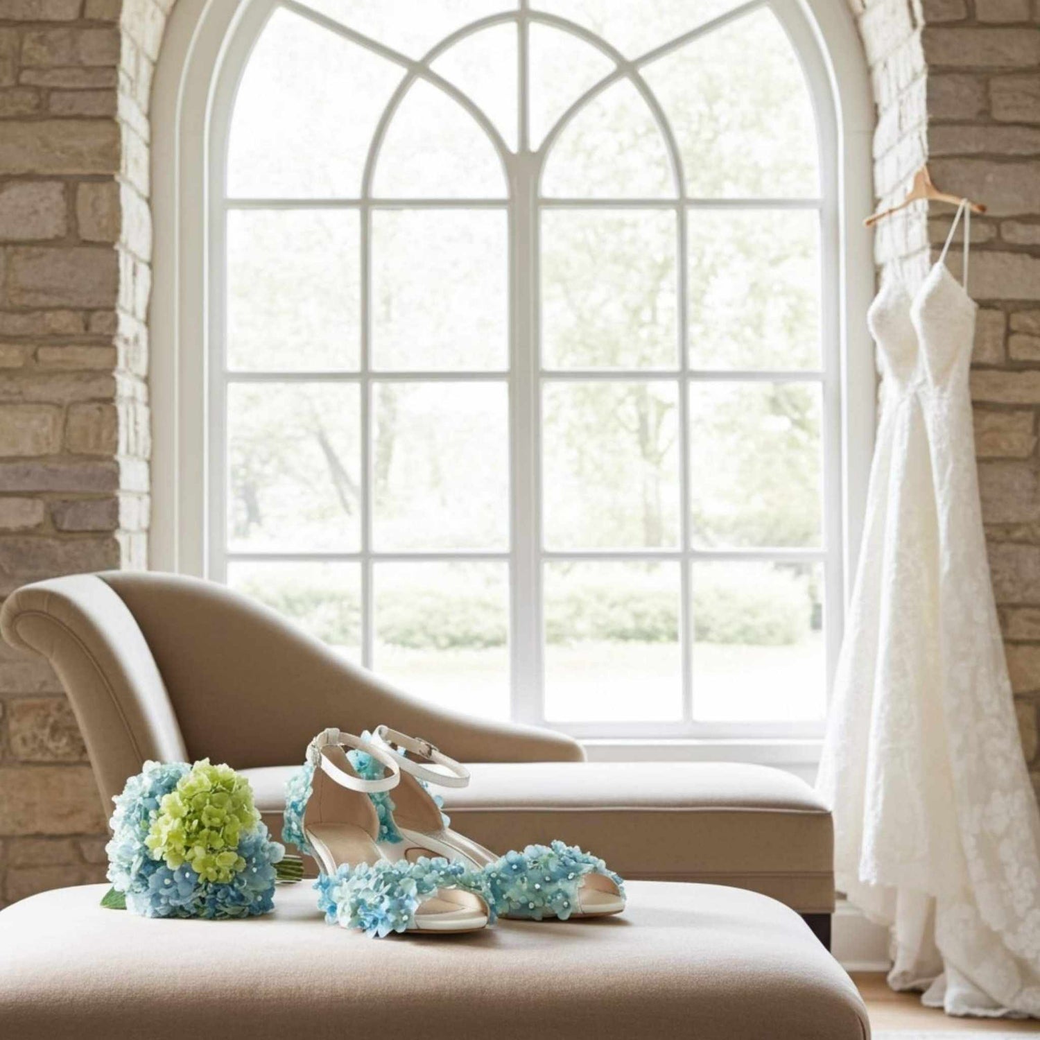Bridal shoes with floral decorations on a ottoman in a room with a window and wedding dress.