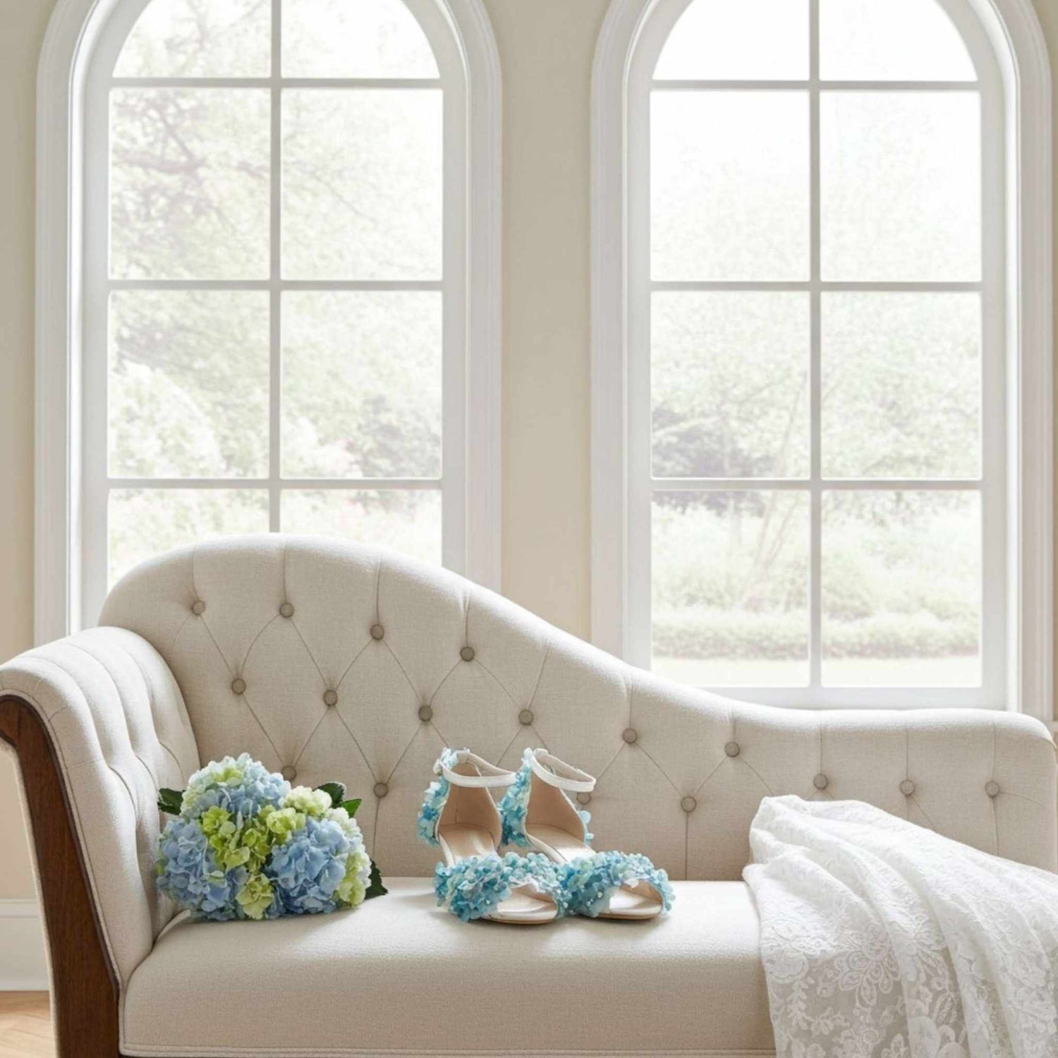 White tufted sofa with floral wedding shoes and bouquet in a bright room with large windows.