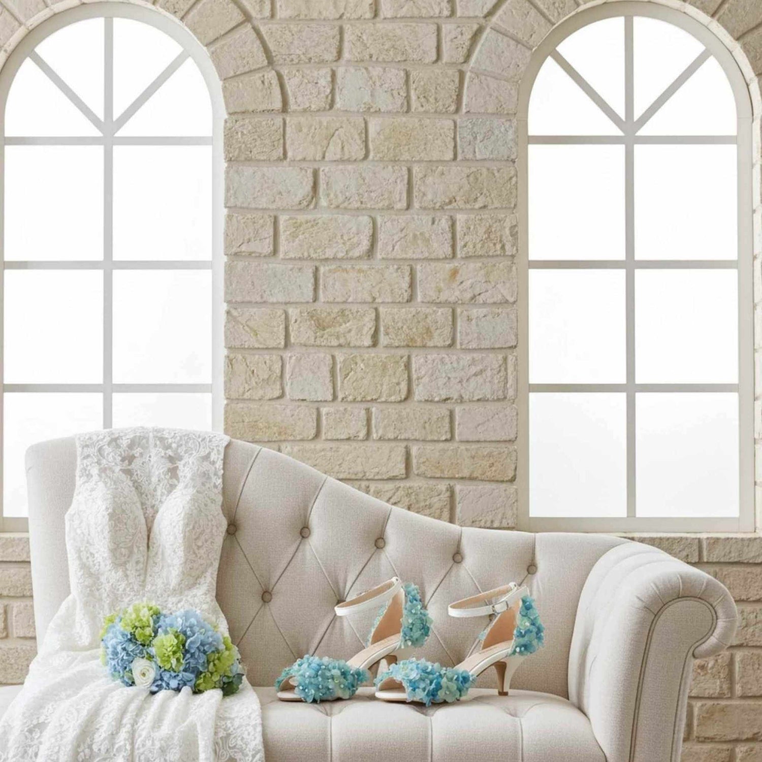 Cream sofa with a bridal gown, blue floral shoes, and a bouquet of flowers against a stone wall with arched windows.