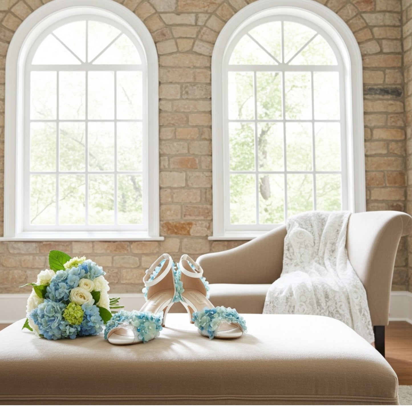 Floral wedding shoes and bouquet on a cream surface with a stone wall and windows in the background