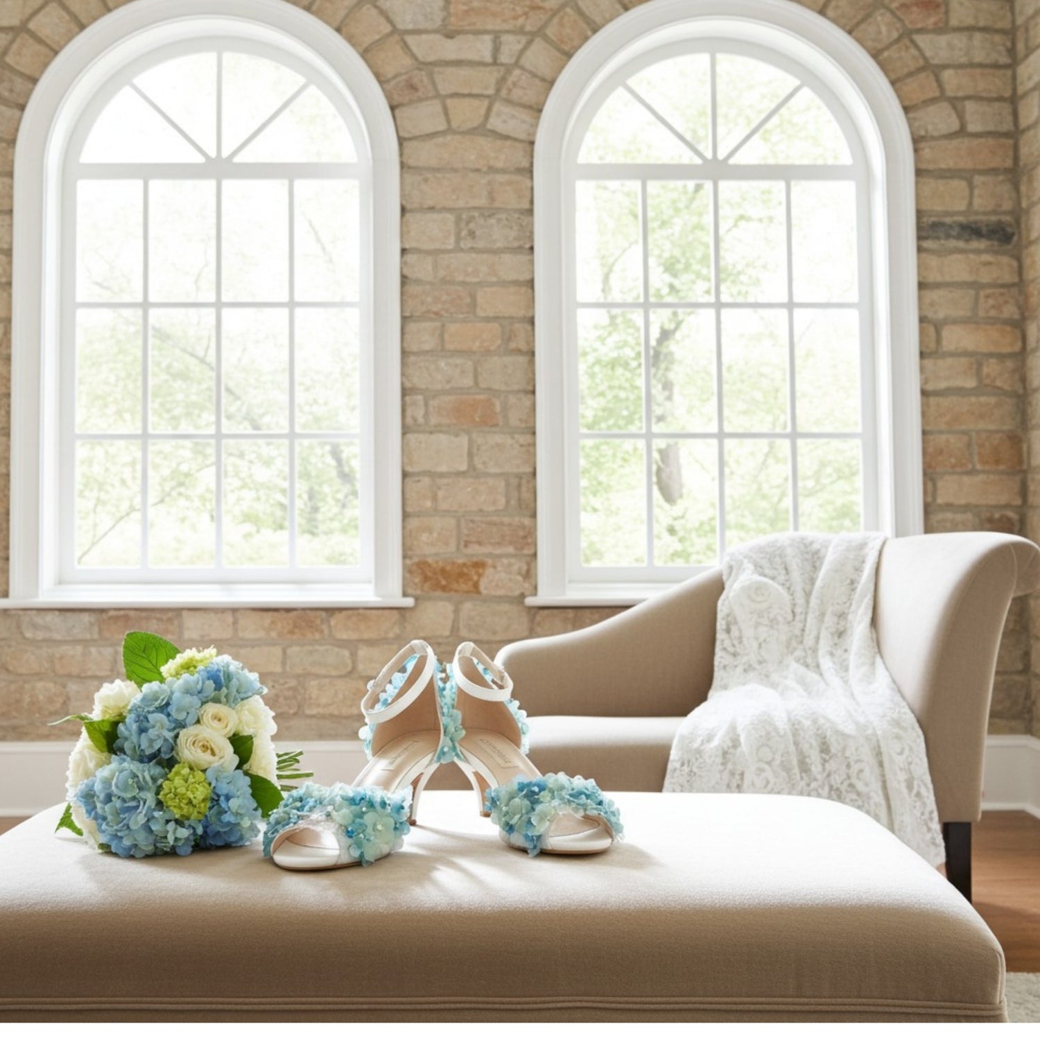 Floral wedding shoes and bouquet on a cream surface with a stone wall and windows in the background
