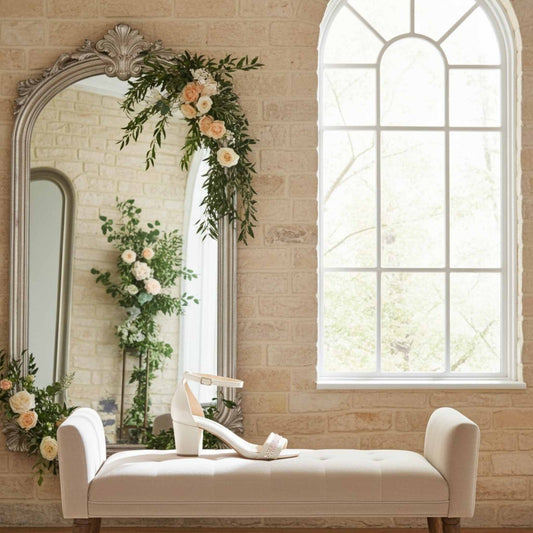 Decorative room with a mirror, flowers, and a stool with open toe block heel shoe against a brick wall.