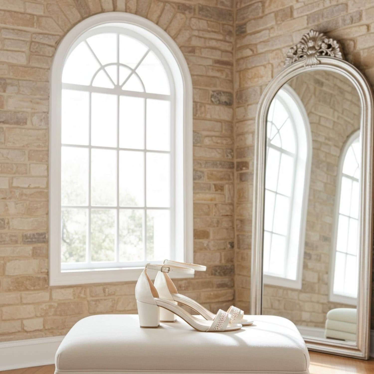 Ivory mid block heel bridal shoes with pearls on an ivory stool in front of a large mirror and window with stone walls.