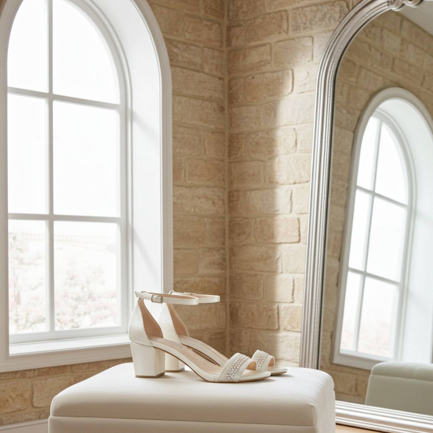 Ivory mid heel sandals on a beige stool in a room with stone walls and large windows.