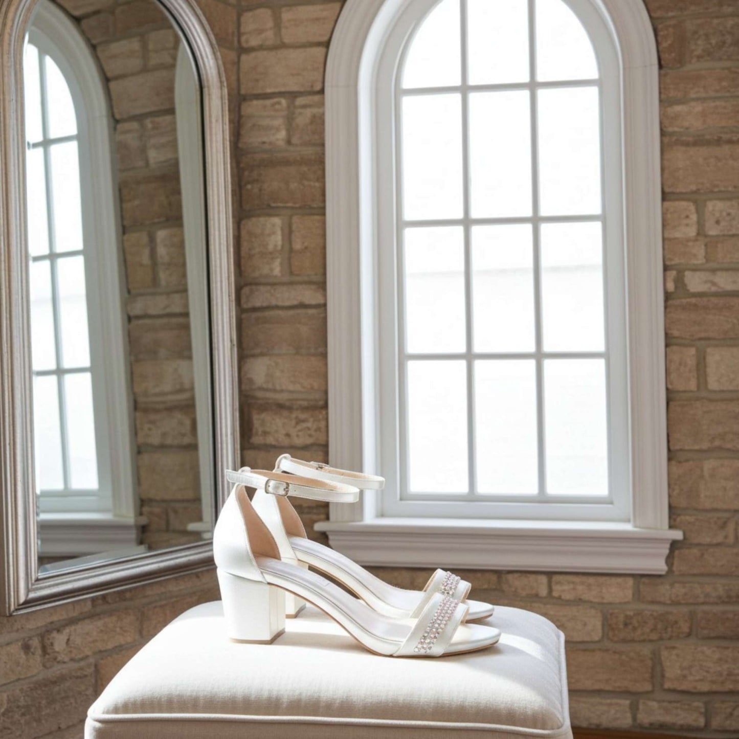 Ivory bridal shoes with embellishments on a white cushion in front of a mirror and window.