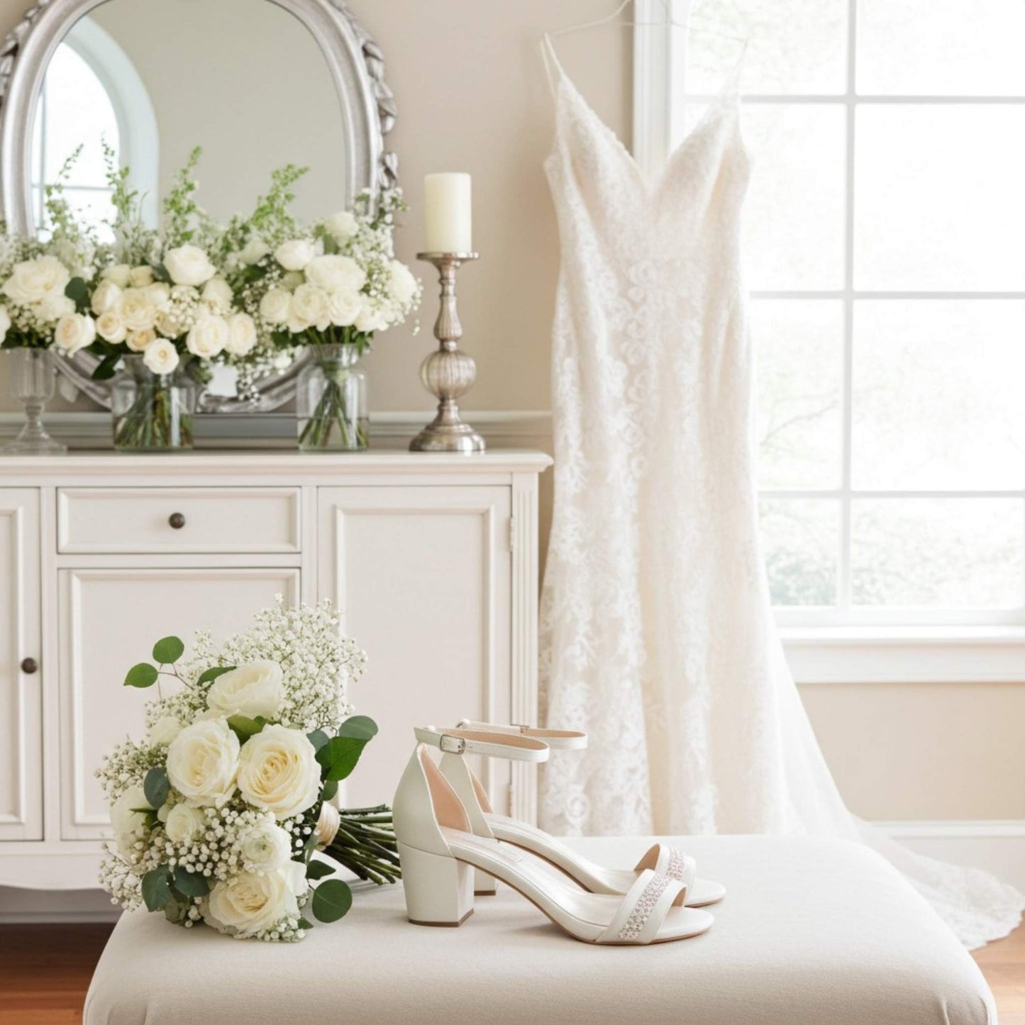 Ivory wedding dress, crystal bridal shoes, and bouquet on a white surface with a neutral background
