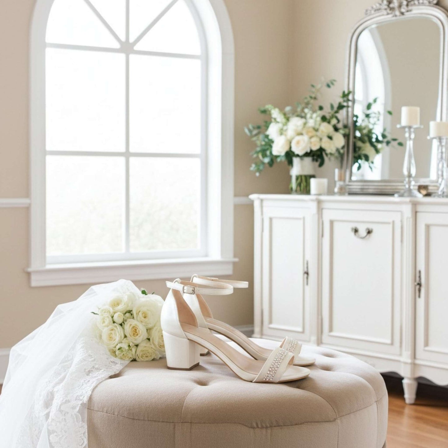 Ivory open toe wedding shoes on a beige ottoman with flowers and a mirror in the background.