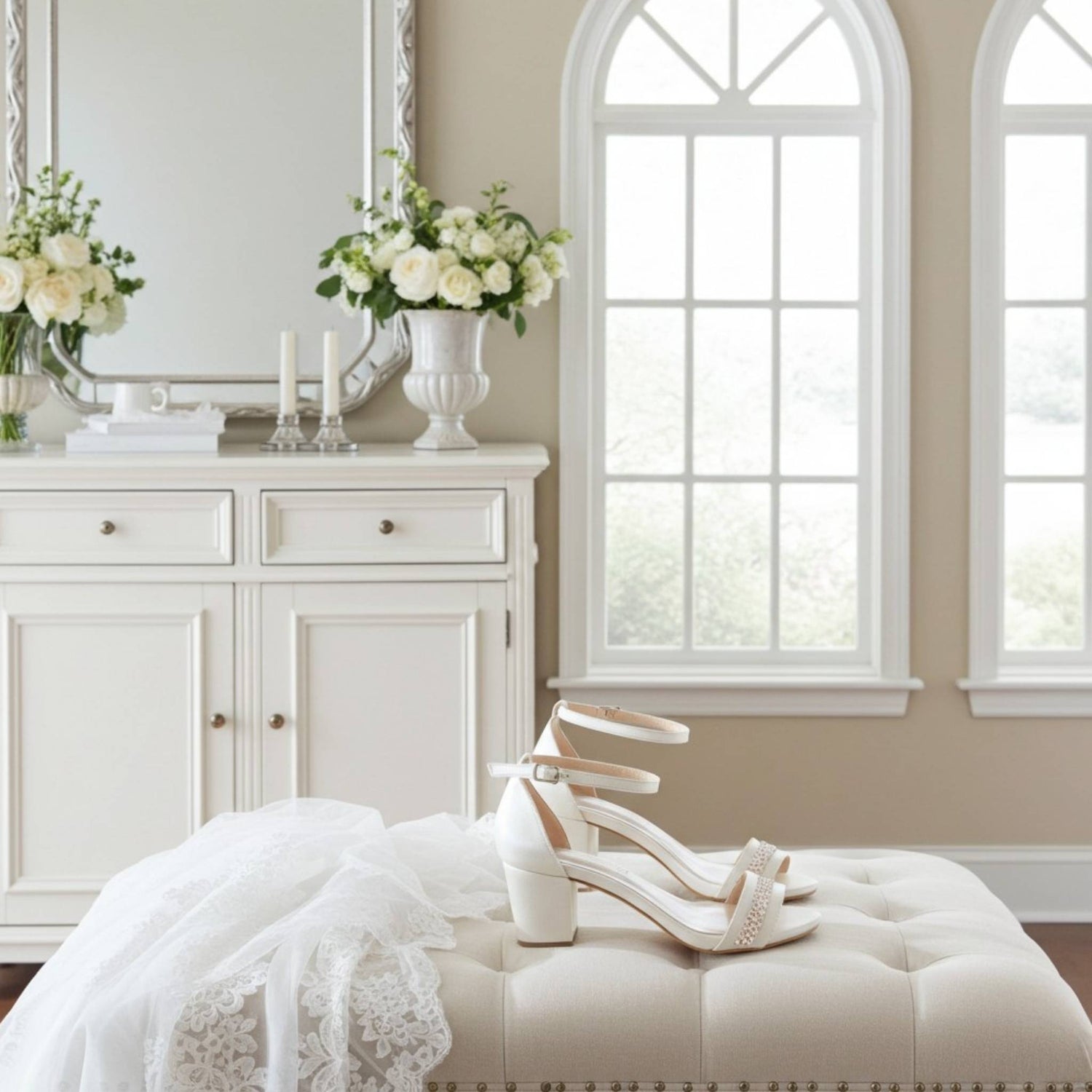 Ivory bridal sandals on a ottoman in a stylish room with flowers and furniture.
