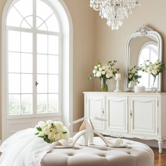 Side view of pearl bridal shoes with a wedding veil and dresser with flowers behind.
