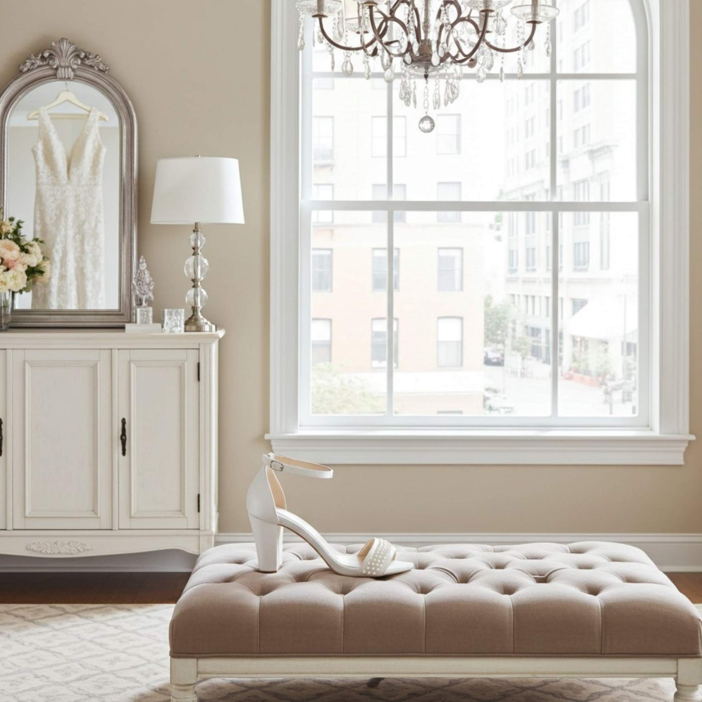 Luxurious room with a pearl bridal shoe on a tufted ottoman, mirror, and lamp.