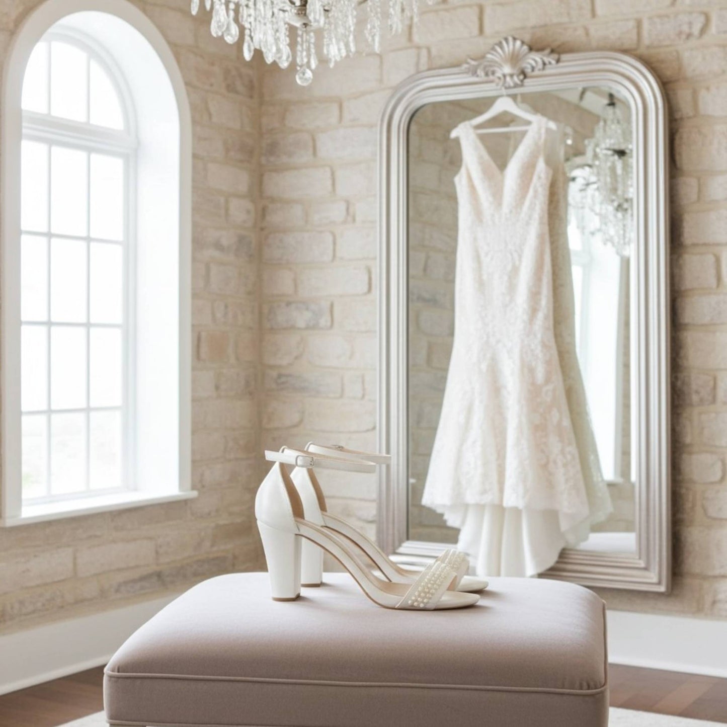 White wedding dress hanging on a mirror with ivory pearl high heels on a ottoman in a room with stone walls and a chandelier.