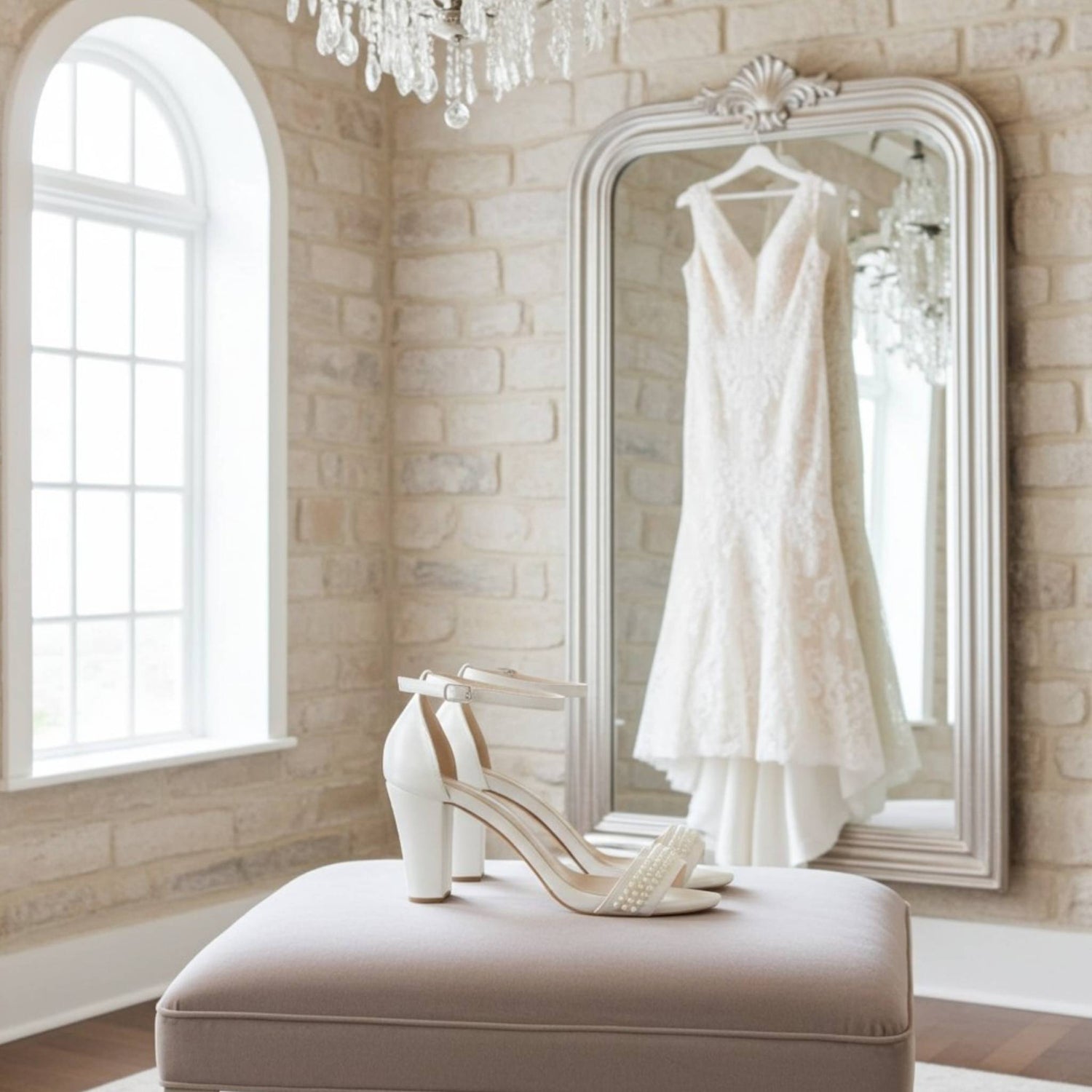 White wedding dress hanging on a mirror with ivory pearl high heels on a ottoman in a room with stone walls and a chandelier.