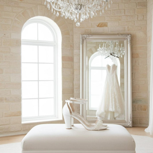 Pearl ivory block heel bridal shoes with wedding dress hanging in a mirror.