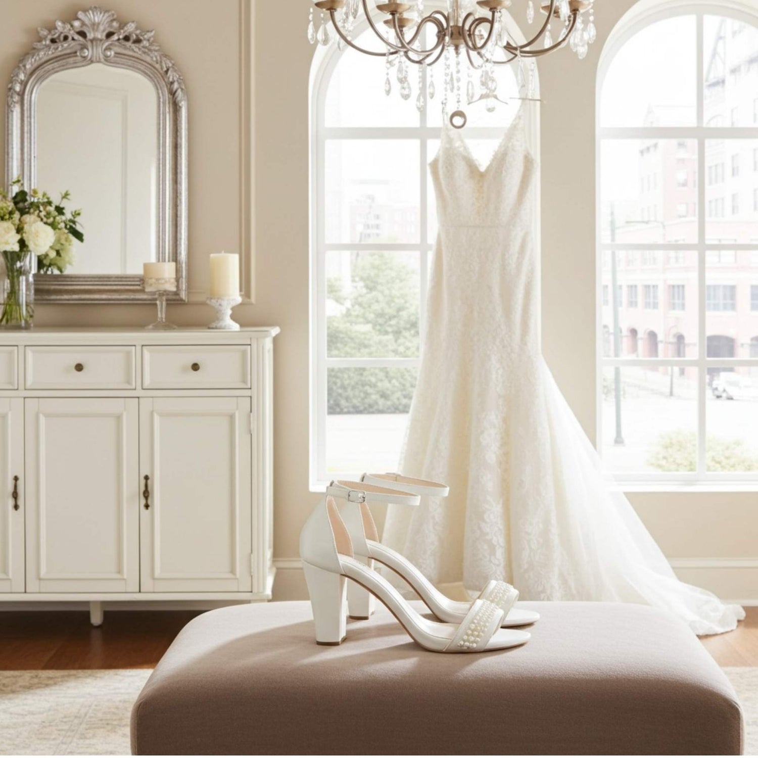 White wedding dress hanging in a room with a mirror, dresser, and pearl bridal shoes on a stool.