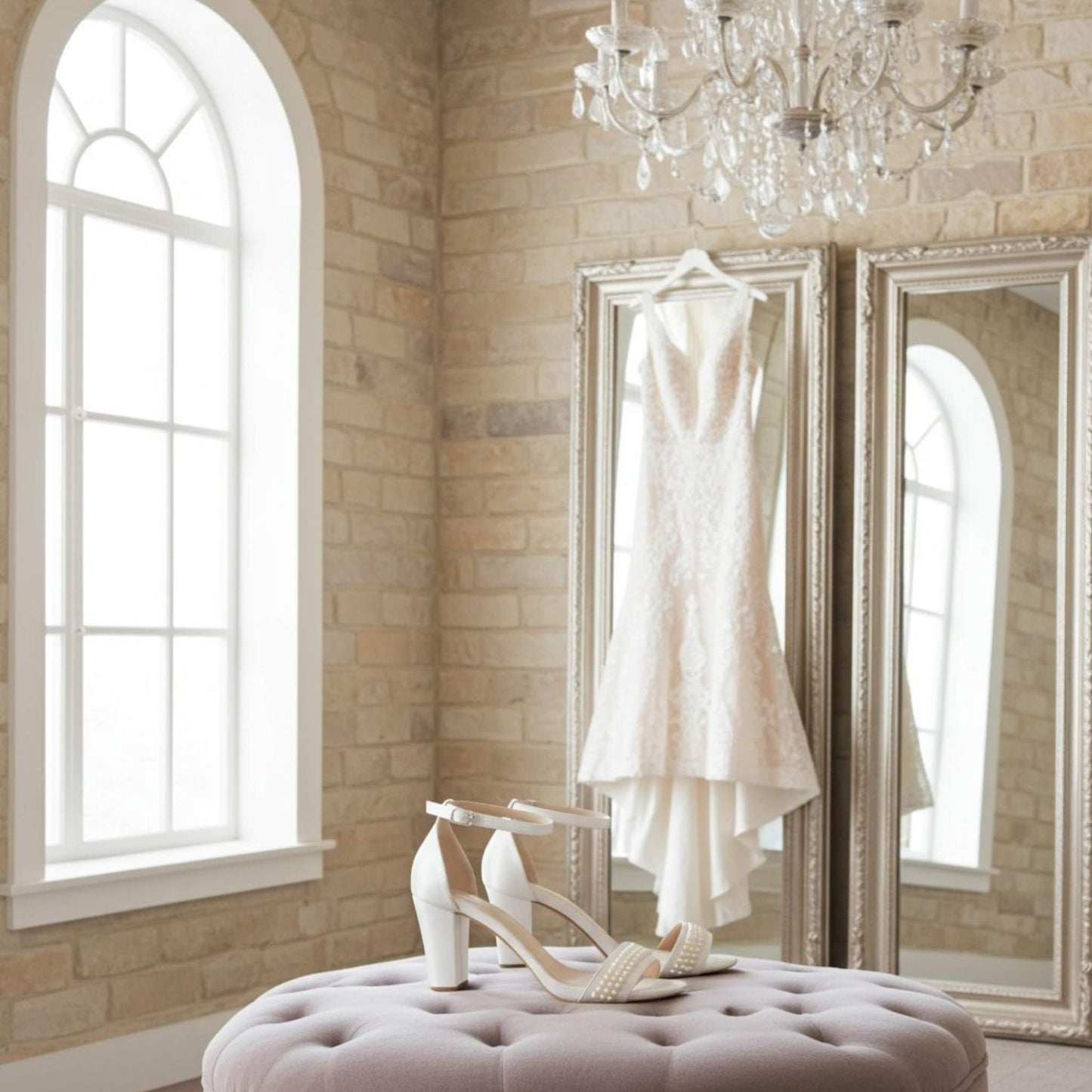 White wedding dress hanging on a mirror in a room with large windows and a chandelier. Pearl block heels are on an ottoman